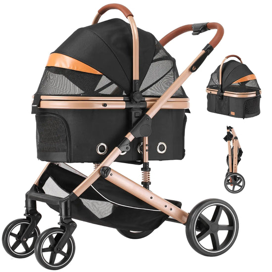 EchoSmile 4 in 1 Pet Stroller Folding Lightweight Cat & Dog Stroller with Detachable Carrier NO-Zip 180° Reversible Canopy All Terrain 4-Wheel45 lbs Capacity for Small to Medium Dogs