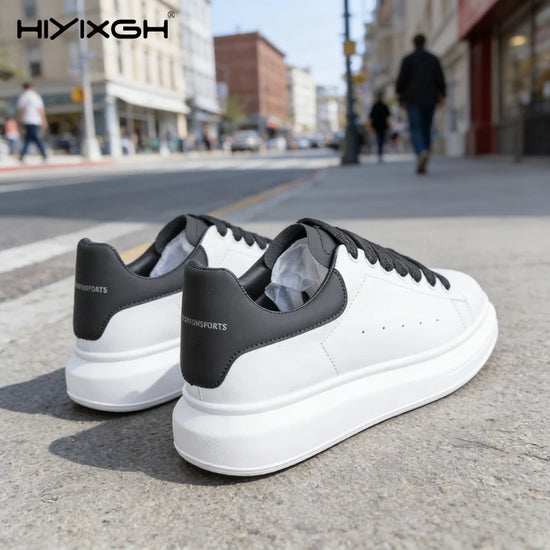 Trendy Korean Unisex Sneakers White Lace-Up Leather Thick Sole Breathable Soft Sole Street Casual Fashion Running Shoes