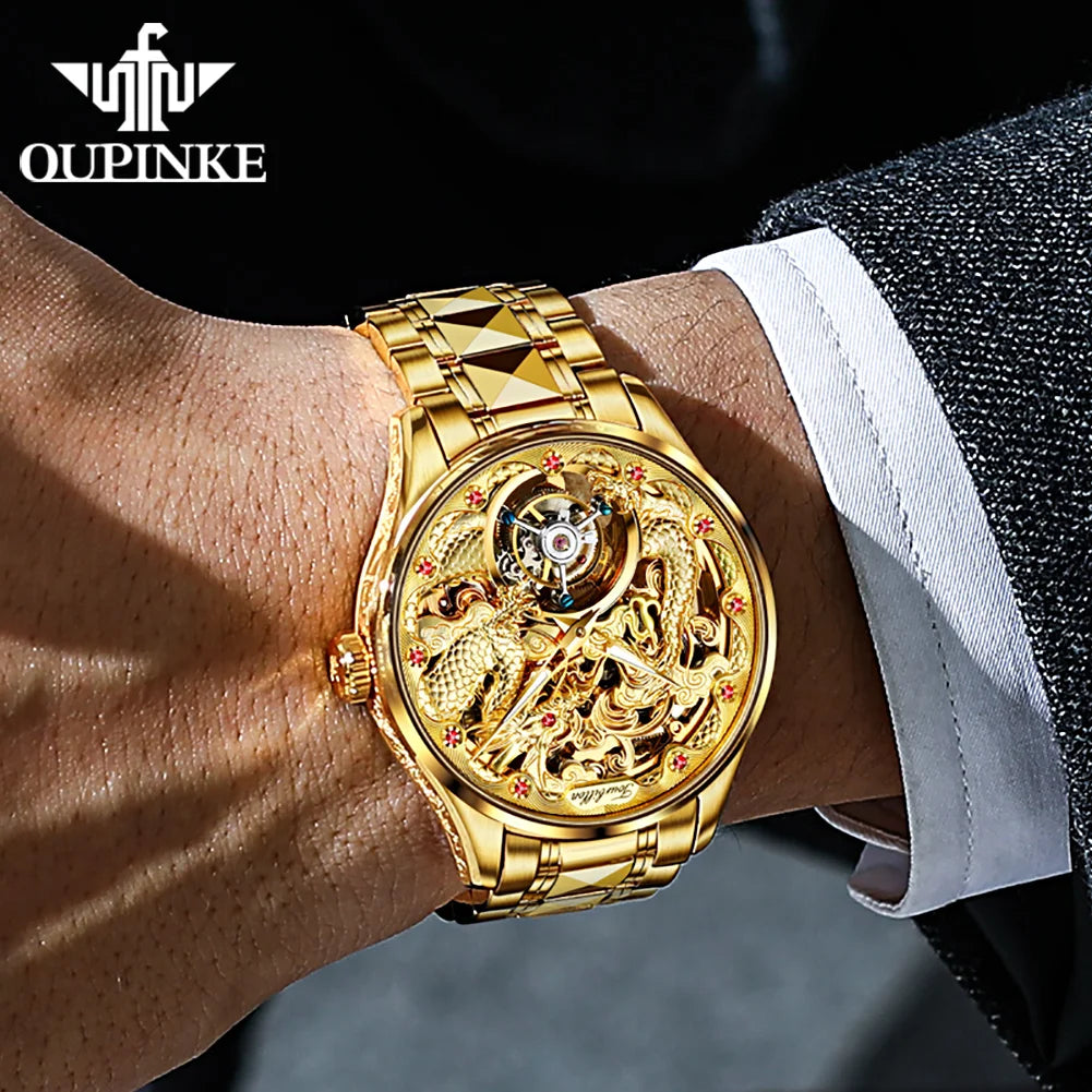 OUPINKE 3176 Tourbillon Men Watch 3D Carved Dragon Tungsten steel Waterproof Top tier Wristwatches Swiss Certification Watches